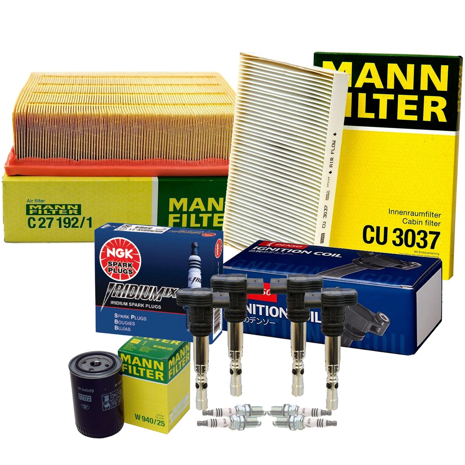 Set of 4 Mann Filters, 4 Denso Coils, 4 NGK Iridium IX Spark Plugs for Audi AMB