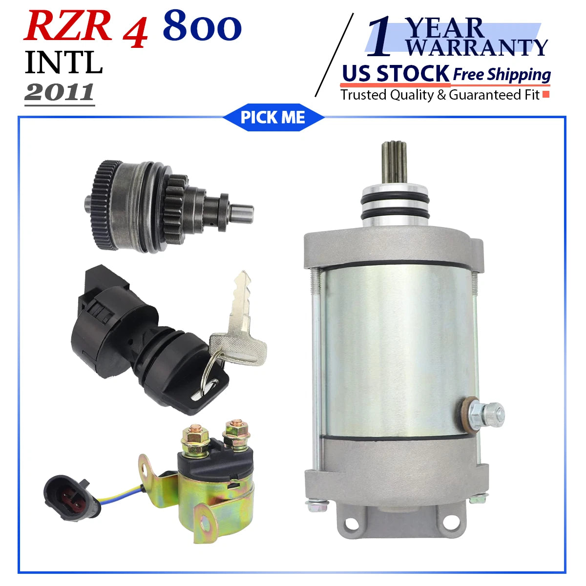 Starter for Polaris RZR 800 4 INTL (2011) W/Bendix, Relay, Ignition Switch