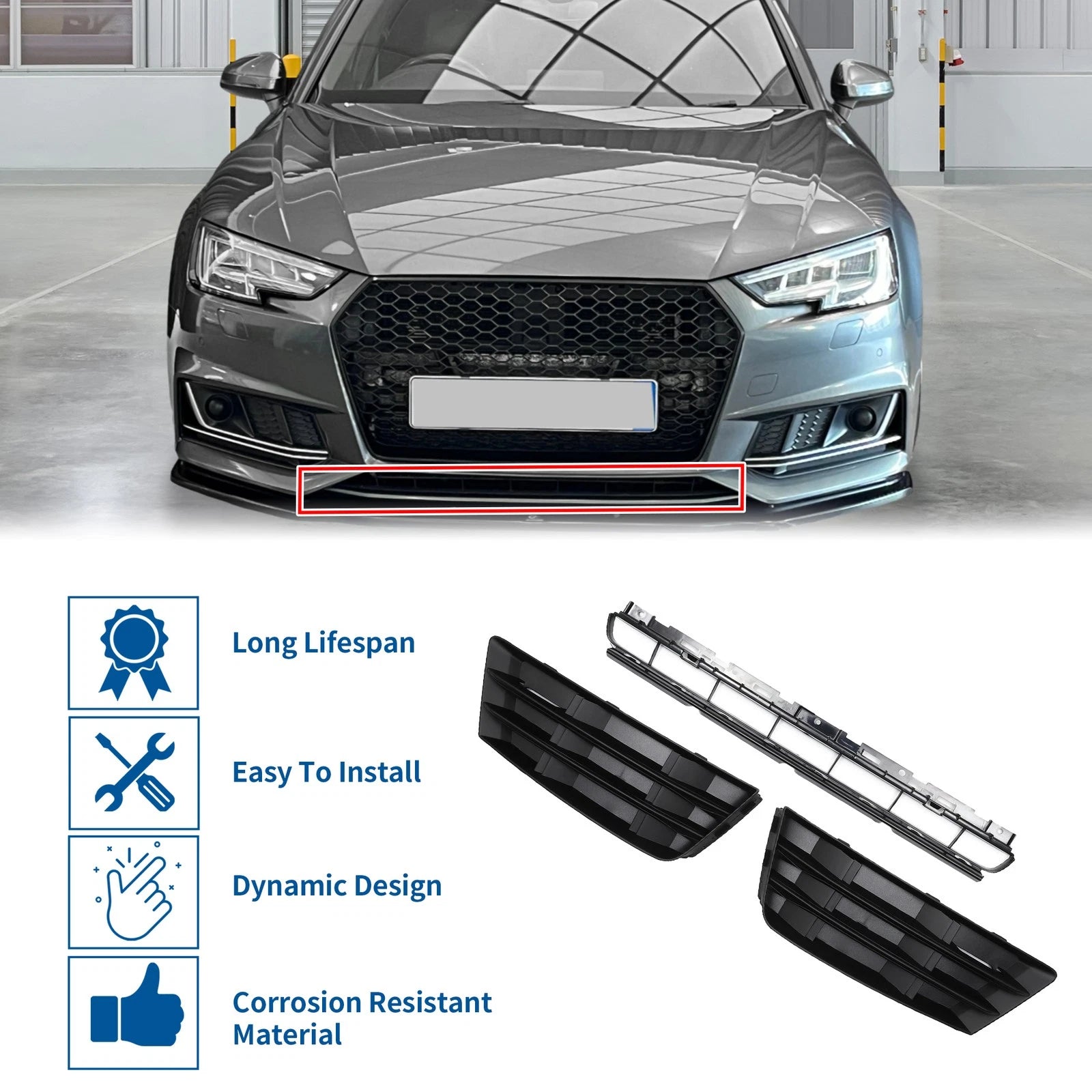 Front Lower Bumper Grille for Audi A4 B9 (2016–2018) Black S-Line