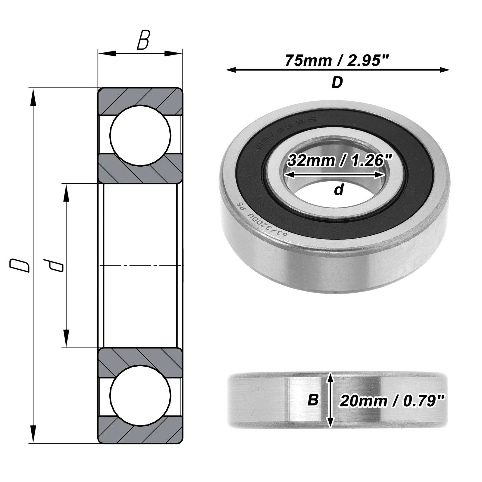 Deep Groove Ball Bearing P5 for Scooter Skateboard Wheel (32x75x20mm)