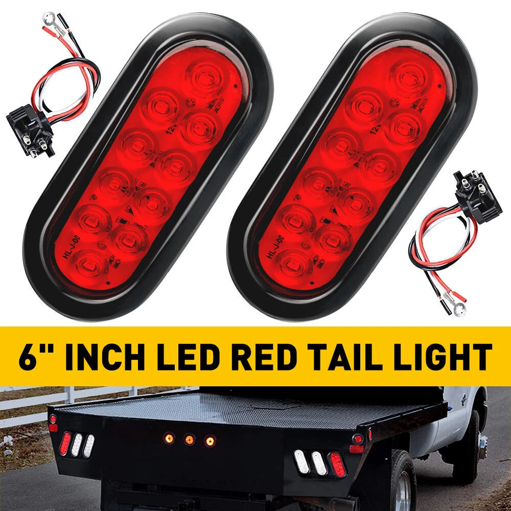 2 Red LED Surface Mount 6" Oval Stop Turn Tail Lights for Trailer Truck