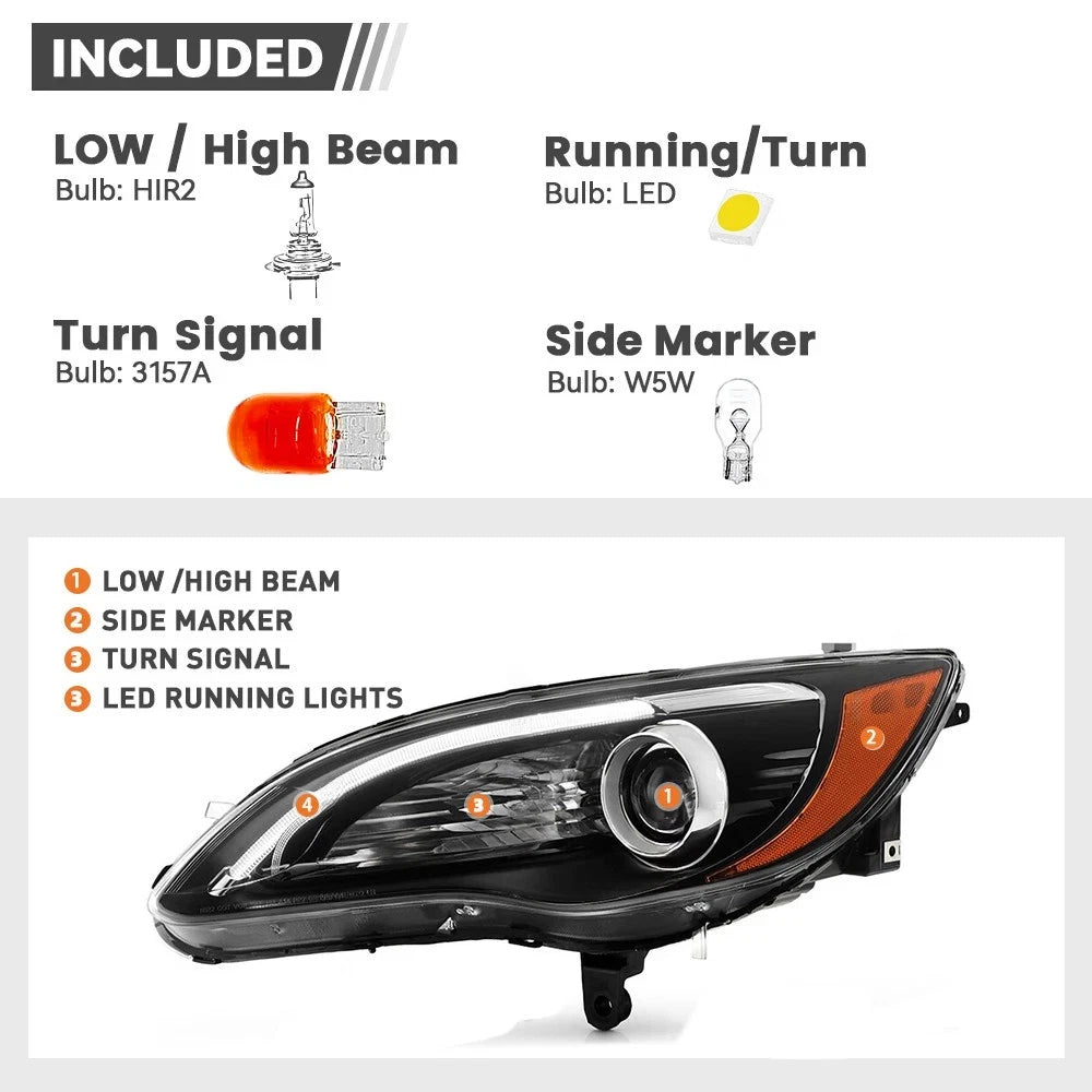 Halogen Headlight with LED DRL for Chrysler 200 (2011–2014) - Left, Black Bezel