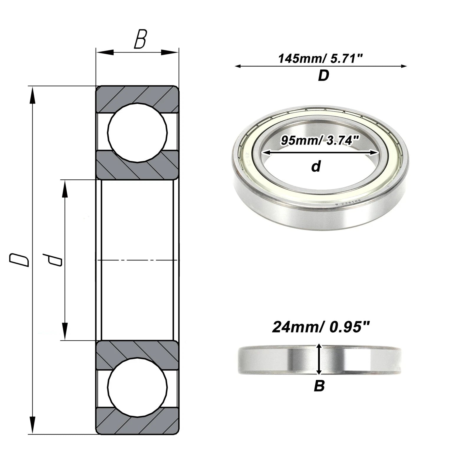Deep Groove Ball Bearing 6019ZZ for Scooter Skateboard Wheel (95x145x24mm)