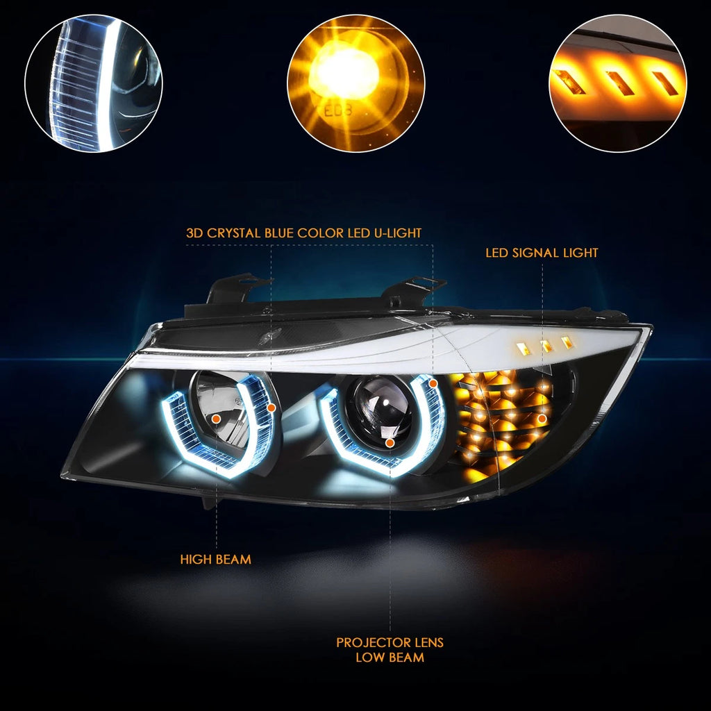 Blue LED 3D Crystal U-Halo Projector Headlight for BMW E90 3-Series (2009–2012)