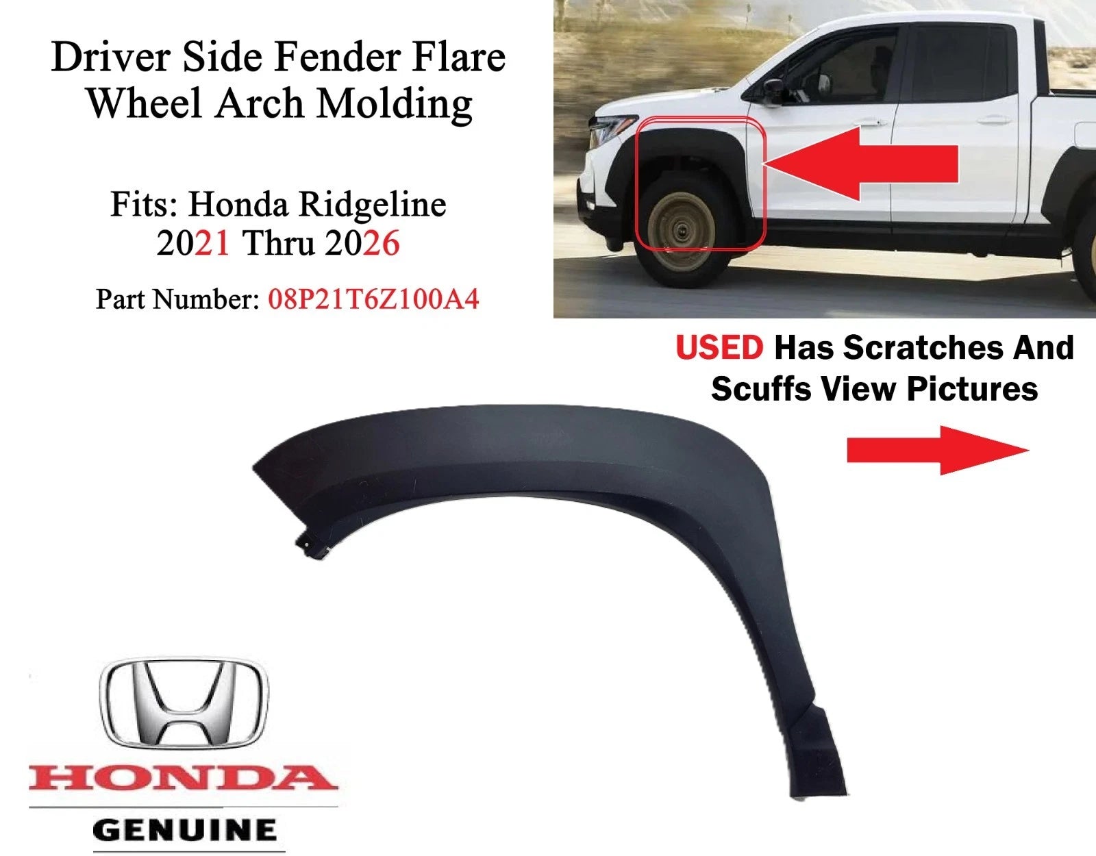 Front Left Fender Flare Wheel Arch Molding for Honda Ridgeline (2021–2026) 08P21T6Z100A4