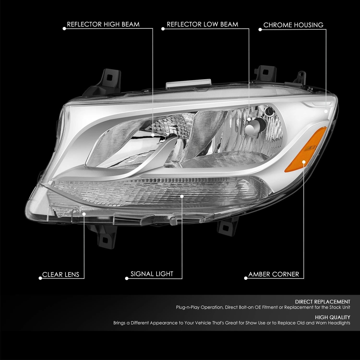 Chrome Amber Driver Left Side Headlight for Mercedes Benz Sprinter 1500 (2019–2024)