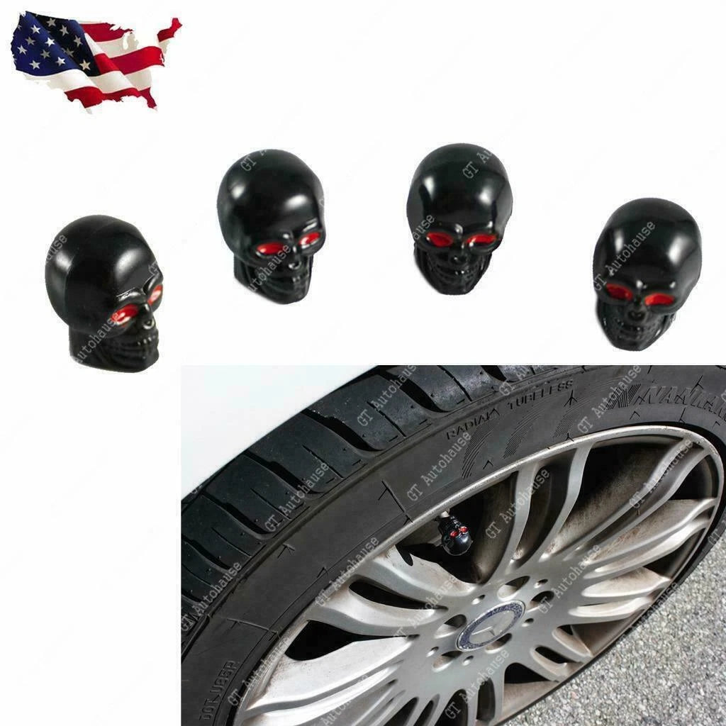 Skull Tire Valve Stem Caps for Universal Fit (4-Pack) (Black)