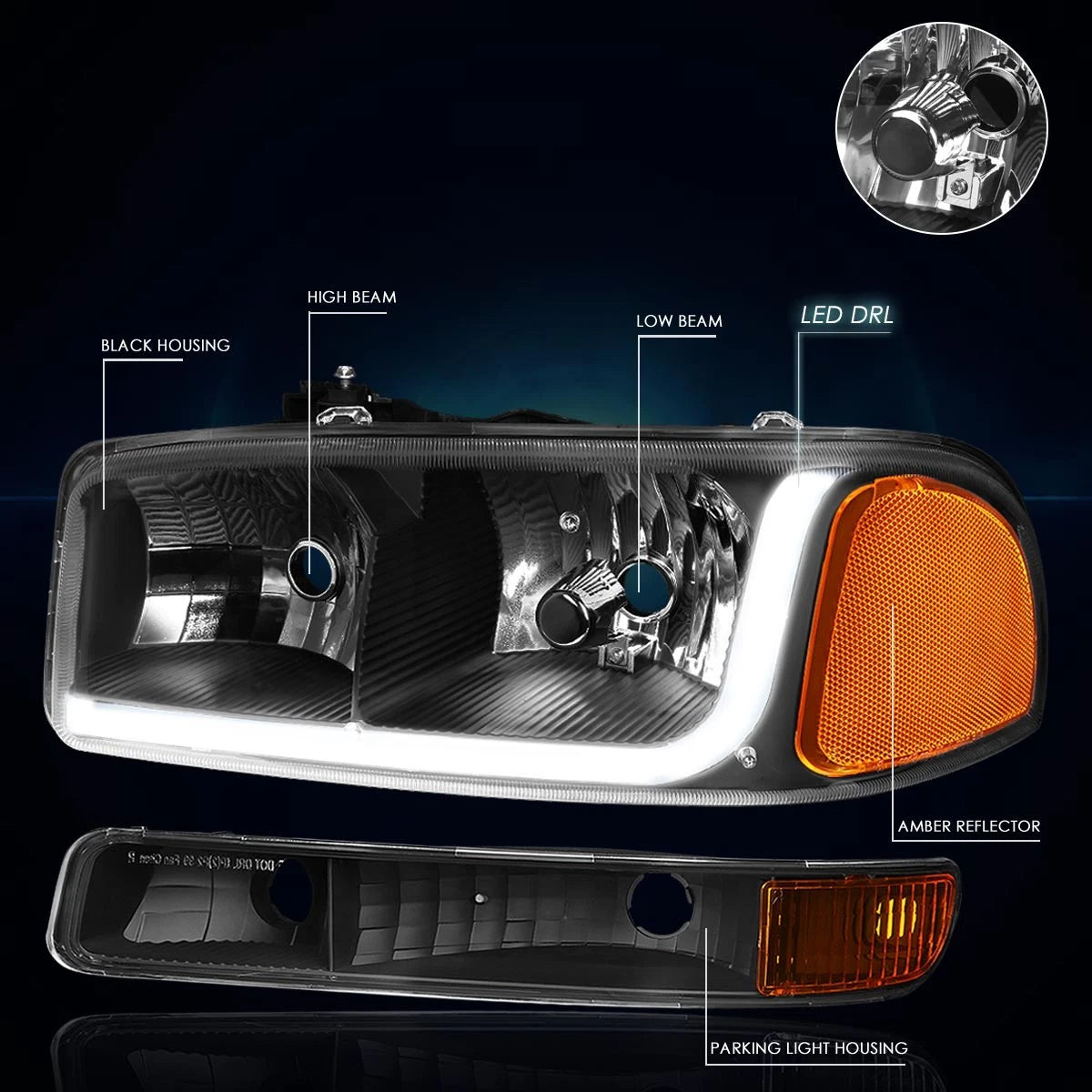 LED DRL Headlight Set for GMC Sierra/Yukon (1999–2007) - Black Amber