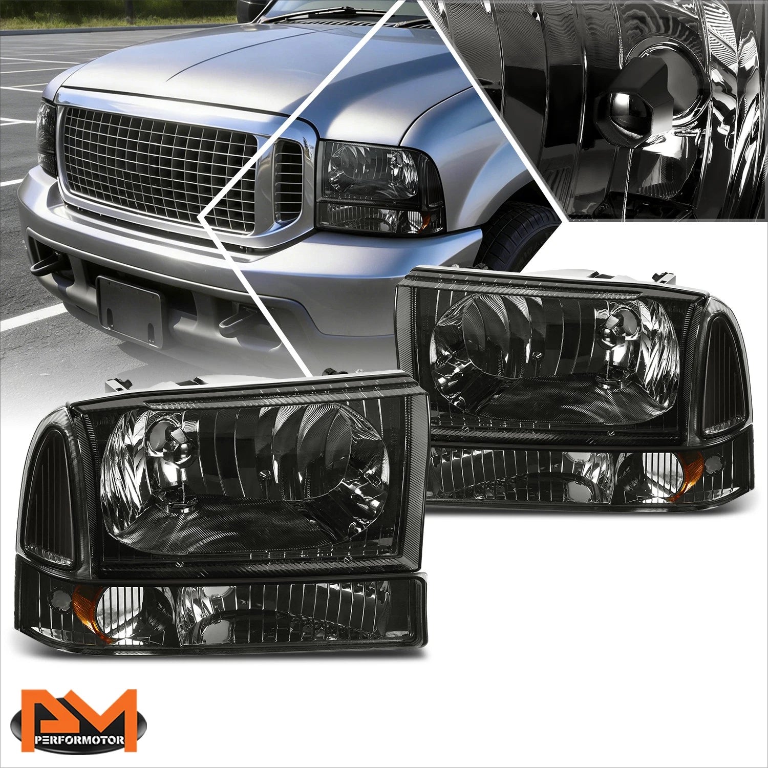 Headlight Lamps for Ford F250/F350 Super Duty (1994–2004) Smoked Housing Amber Corner