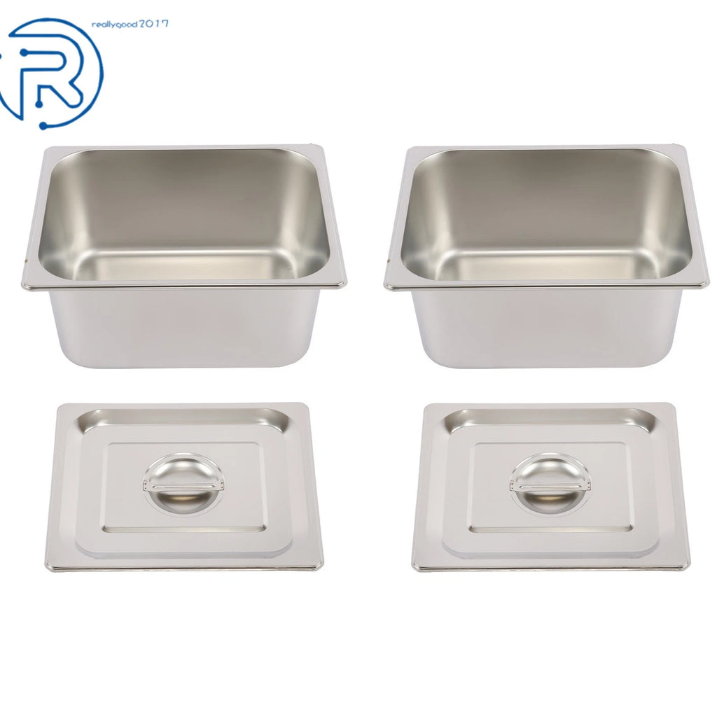 2X Hotel Pans 1/2 Size 6" Deep with Lids Stainless Steel Non-Stick
