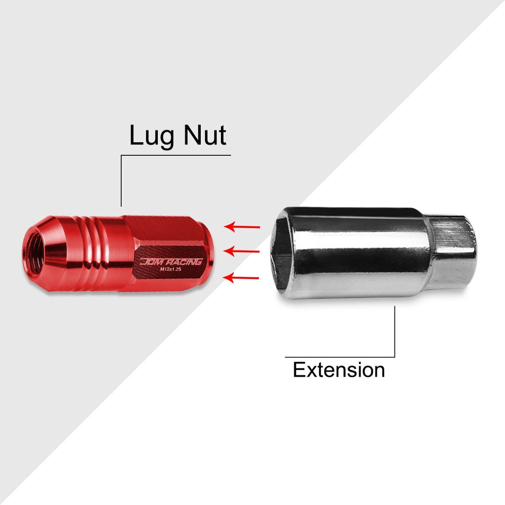 Set of 20 M12X1.25 Red Closed End Cone Hex Wheel Lug Nuts + 20mm Extension