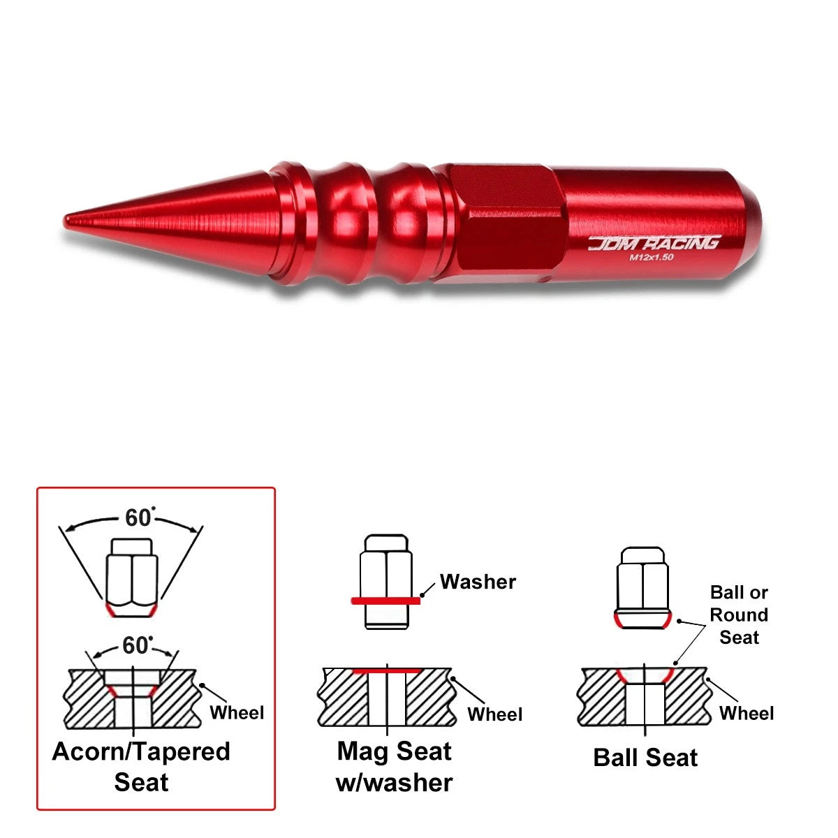 Set of 20 M12X1.5 Red JDM Spiked Hex Wheel Lug Nuts + 20mm Extension