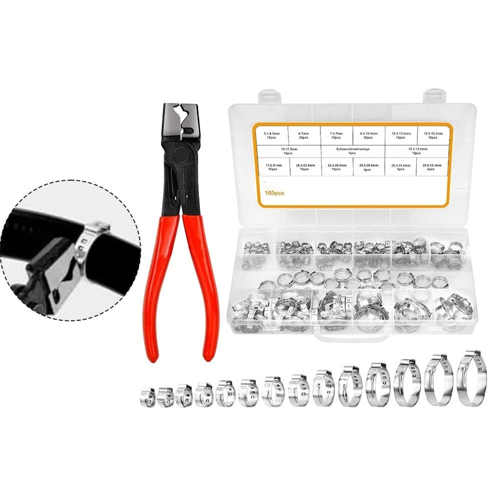 Hose Clamp Set of 160 Pcs with Pliers for Automotive, Marine, Industrial