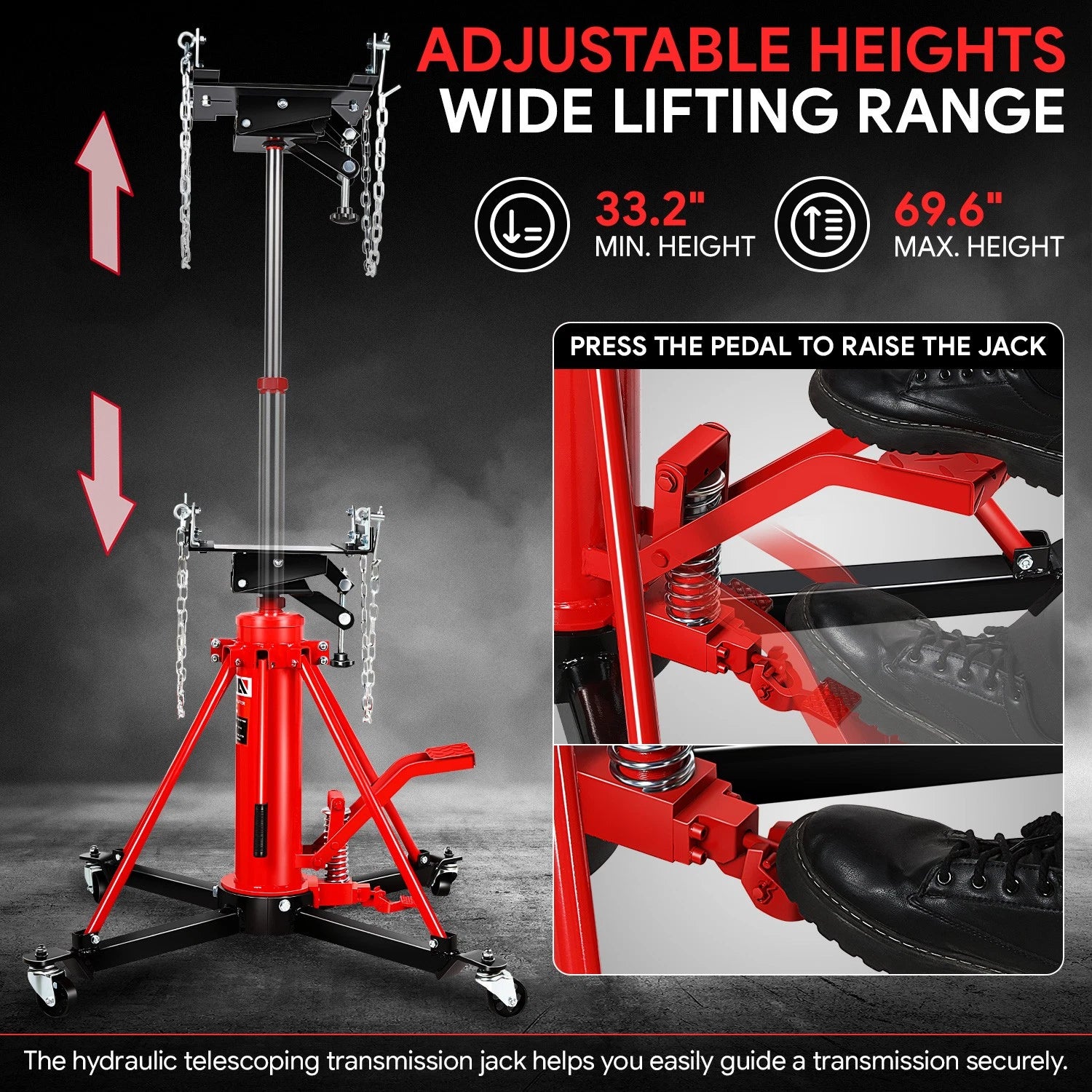 Transmission Jack for Universal Use (2204 lbs, Steel, Hydraulic, Swivel Wheels)