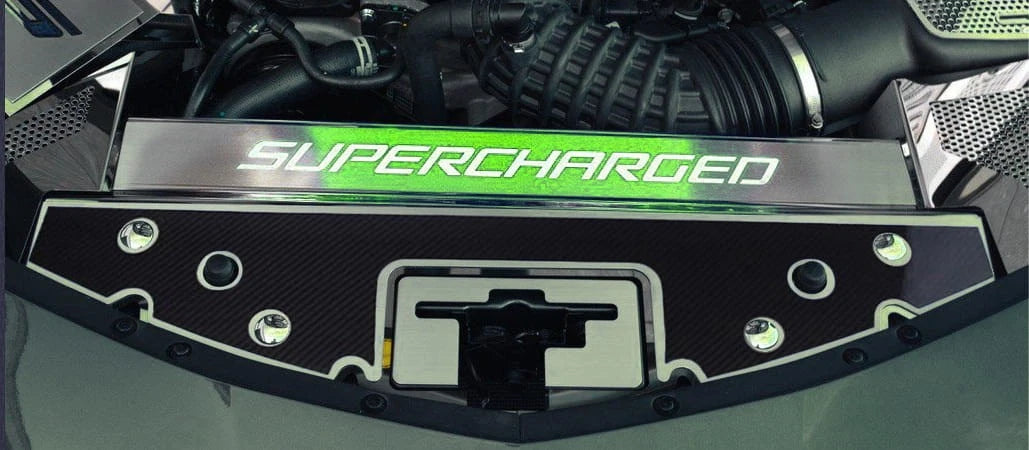 Carbon Fiber Front Header Plate w/Green LED&"SUPERCHARGED" Logo for 16-20 Camaro