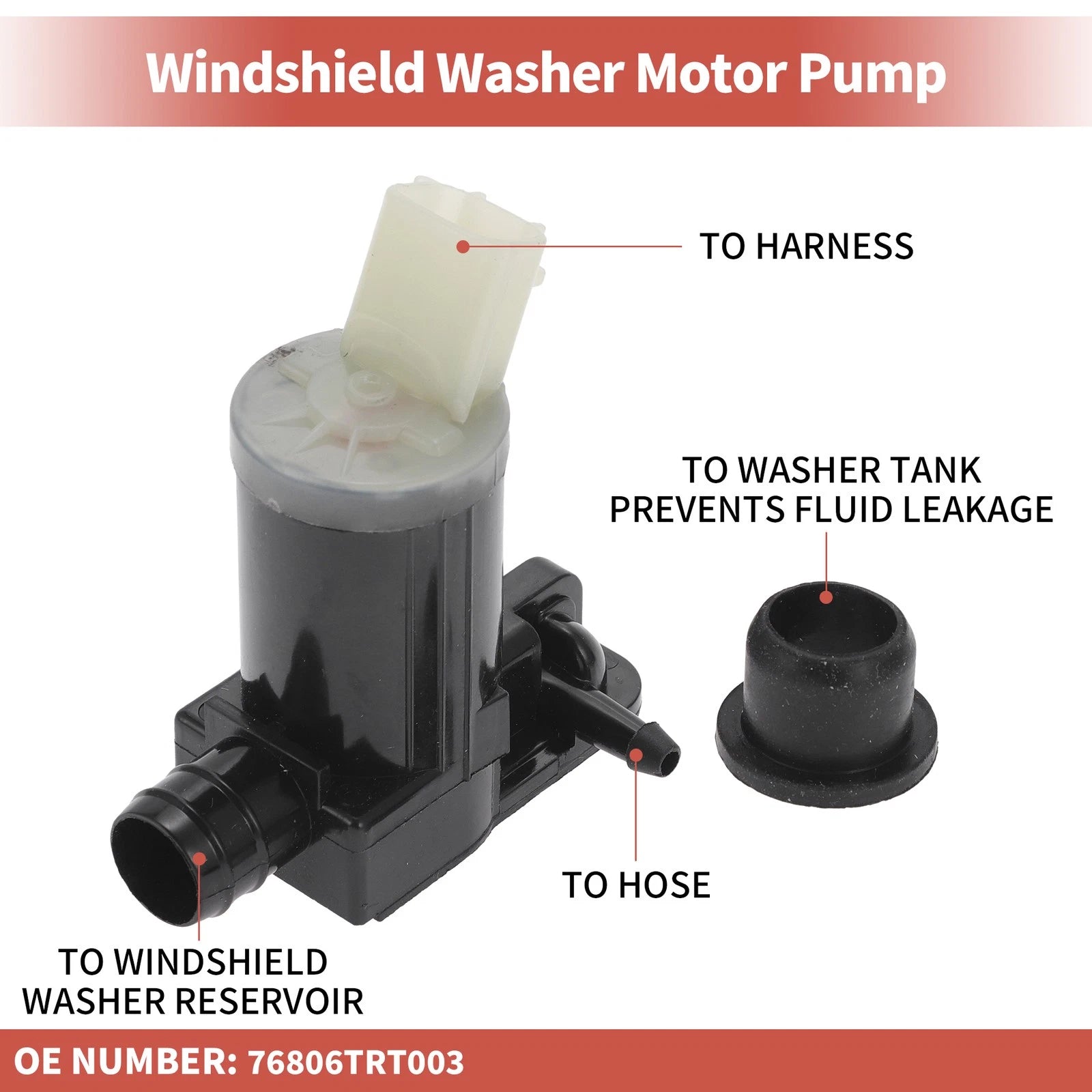 Windshield Washer Pump w/ Grommet for Honda (No. 76806TRT003)