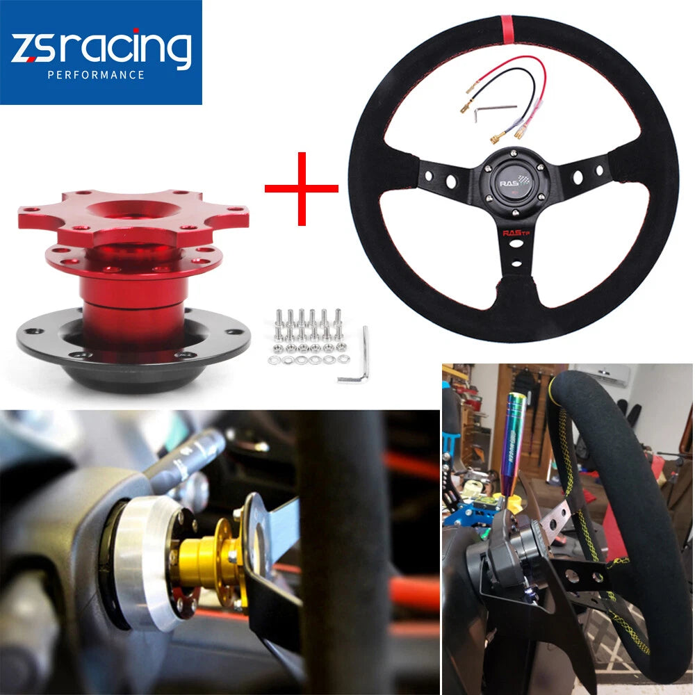 14” Suede Leather Steering Wheel with 6 Bolt + Quick Release Adapter for Universal Fit