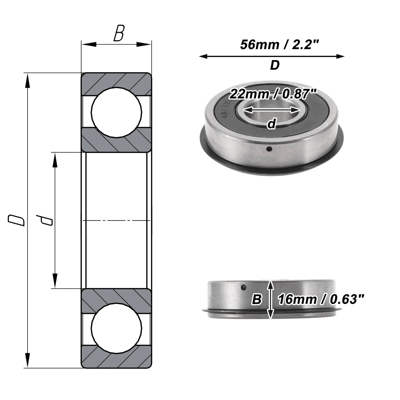 Deep Groove Ball Bearing 22x56x16mm for Scooter Skateboard (63/22NR2RS)