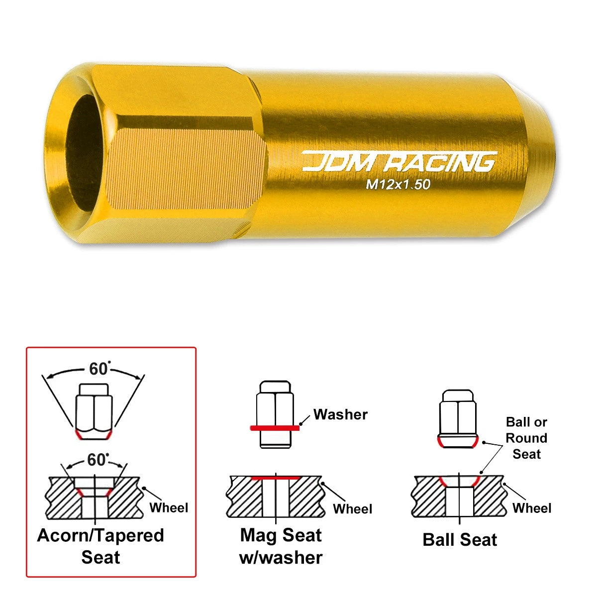 20Pc M12X1.5 Gold JDM Open End Aluminum Hex Lug Nuts + Spline Locks + Key