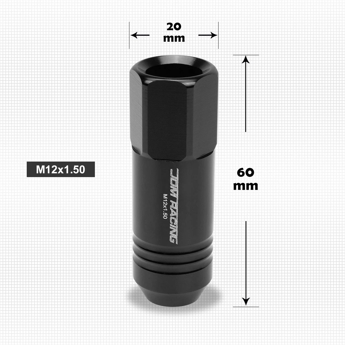 Set of 20 M12X1.5 Black JDM Open End Conical Wheel Lug Nuts + Extension 20mm