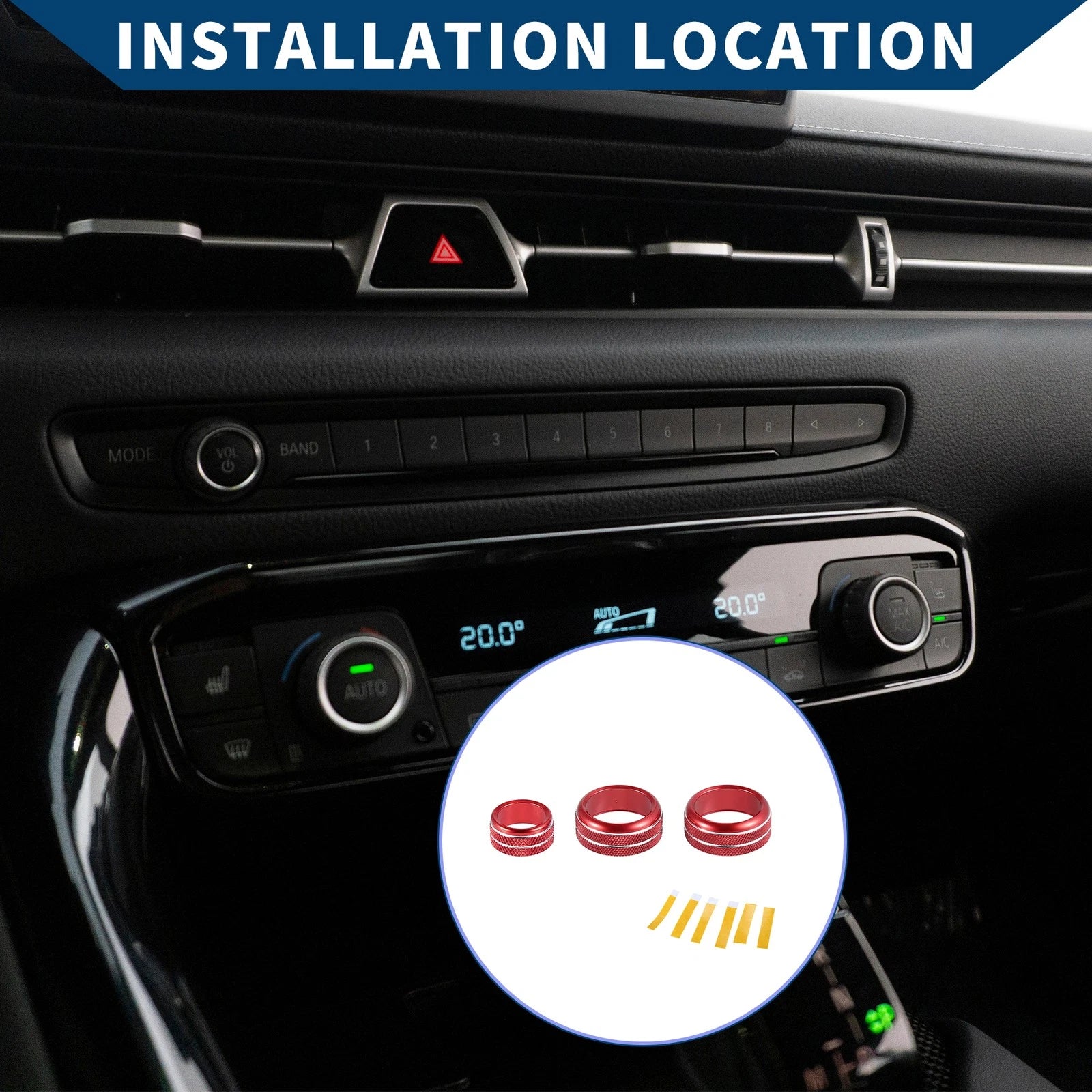 Set of 3 AC Radio Volume Switch Knob Cover Rings for Toyota Supra (2018–2022) Red