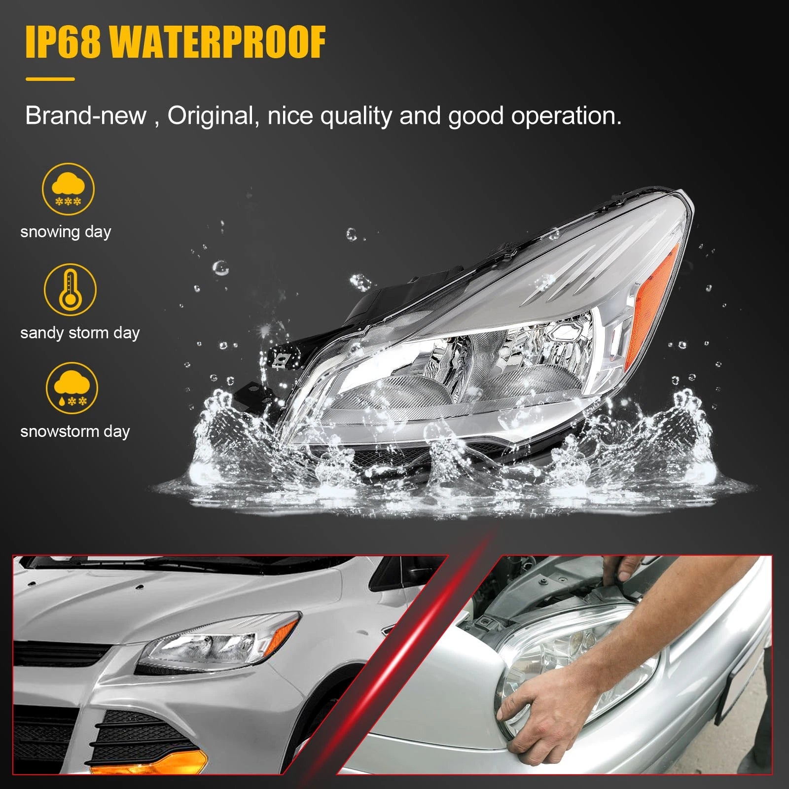 Set of 2 Headlight Assemblies for Ford Escape (2013–2016) Chrome Amber