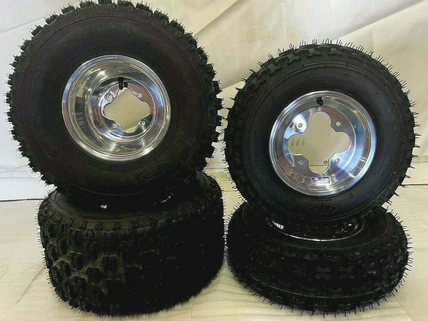 Set of 2 ITP Holeshot Tires + DWT A5 Polished Rims for LTR450 LTZ400 KFX450R KFX4