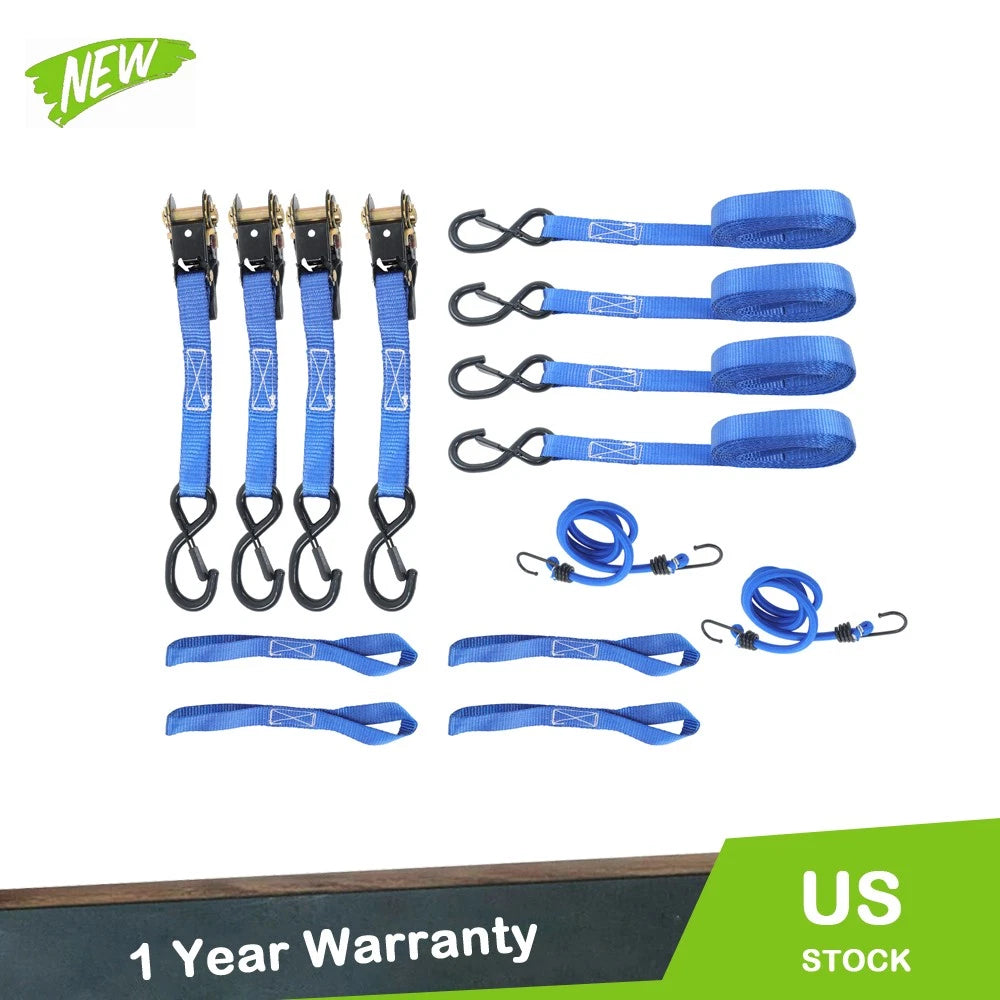 Set of 4 Ratchet Straps with 2200lbs Strength, 1in x 15ft S Hook