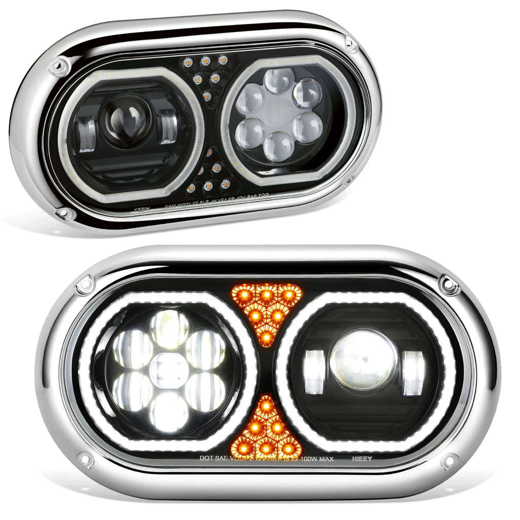 LED Halo Projector Headlight for Peterbilt 359 (1967–1987) - Black Housing, Clear Lens