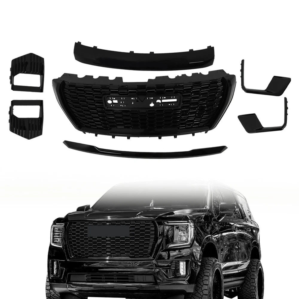 Set of 7 Gloss Black Grille Hood Trim Molding for GMC Yukon/XL Denali (2021–2023)