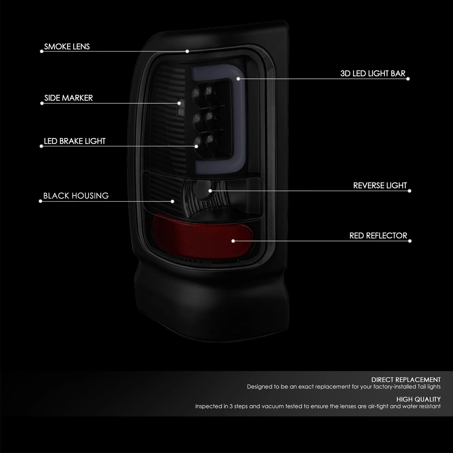LED C-Tube Tail Brake Light Lamps for Dodge Ram 1500 2500 3500 (1994–2002)