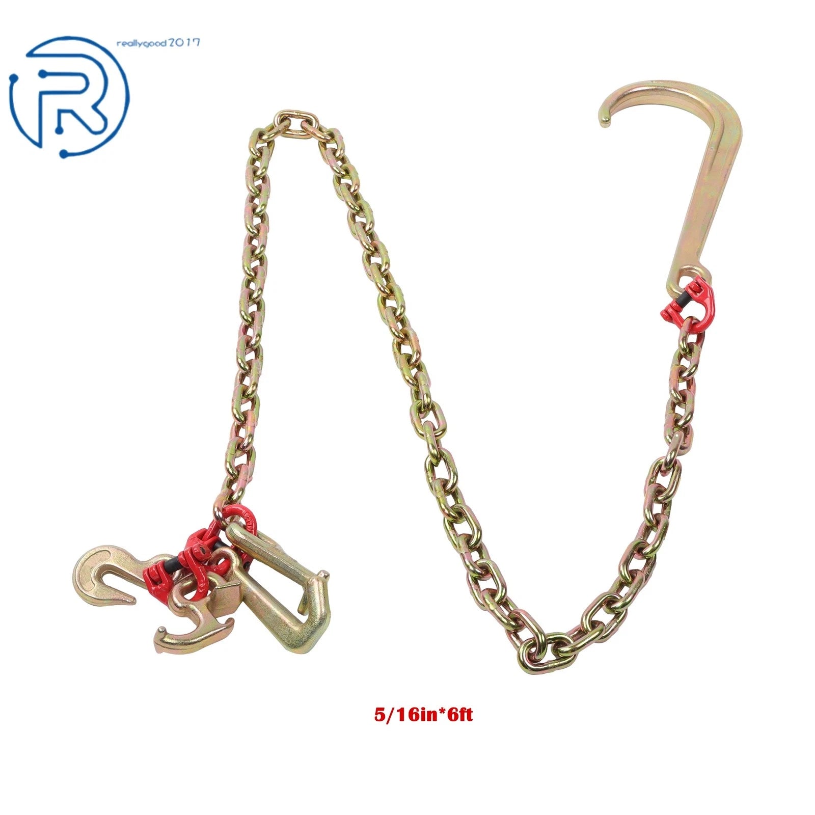 2X 5/16" x 6' G80 Long Shank J Hook Tow Chain w/RTJ Cluster Hooks