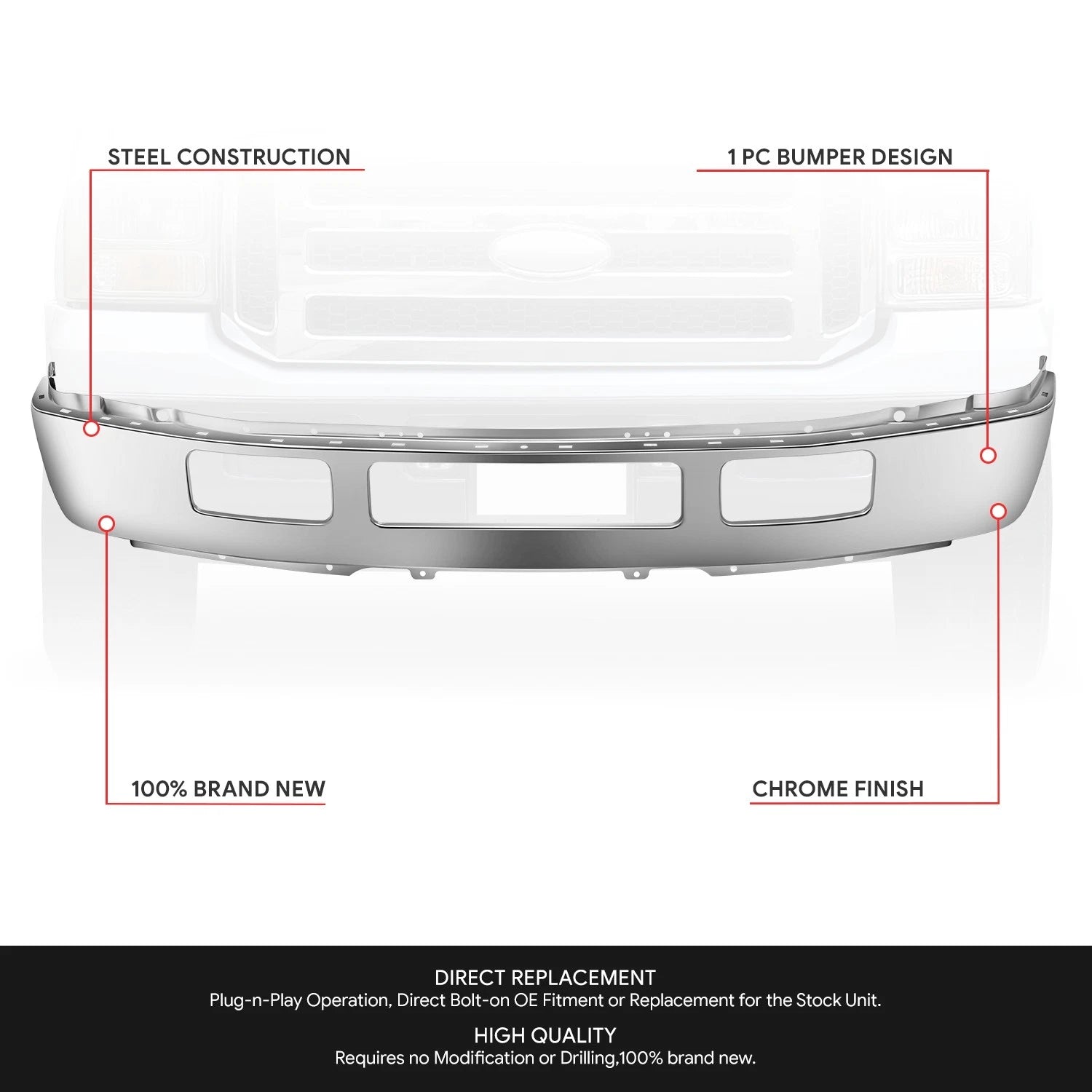 Front Bumper Face Bar for Ford F-250/F-350 SD (2005–2007) Chrome