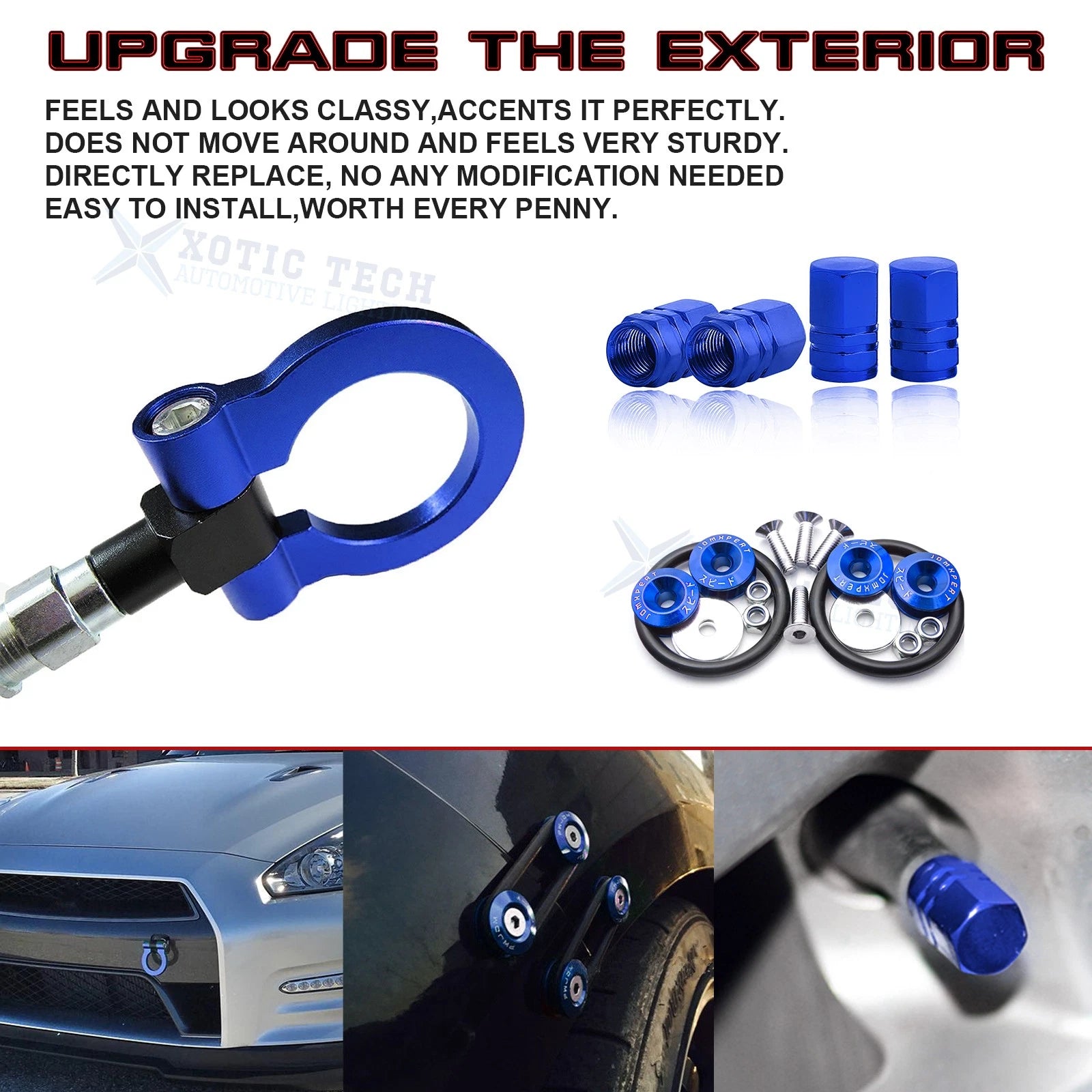 Blue Towing Hook + Tire Valve Caps & Release Fasteners for Infiniti Q50 (2014-2018)