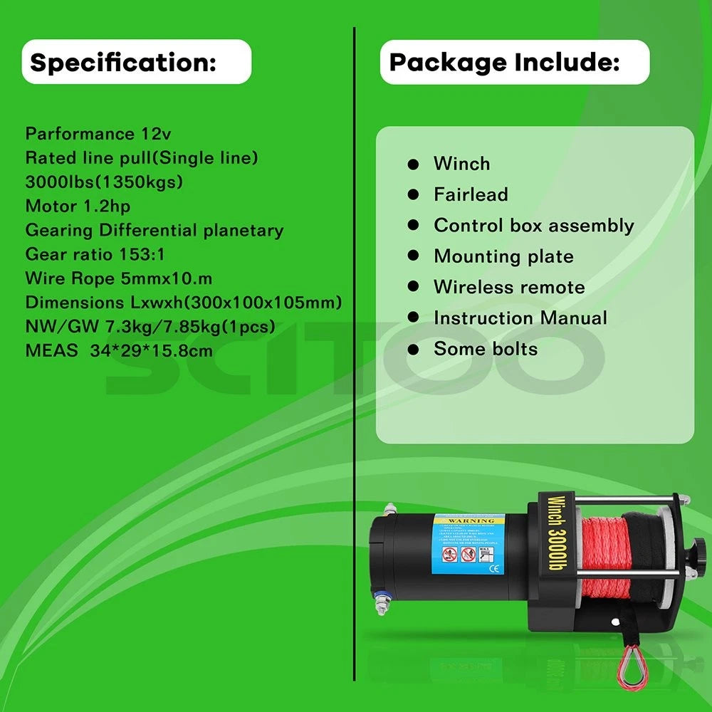 3000lbs Electric Winch Kit with Synthetic Rope for ATV UTV (12V)