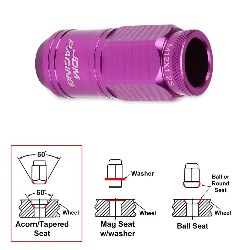 20Pc M12X1.25 Purple JDM Open End Cone Wheel Lug Nuts + Spline Lock + Key