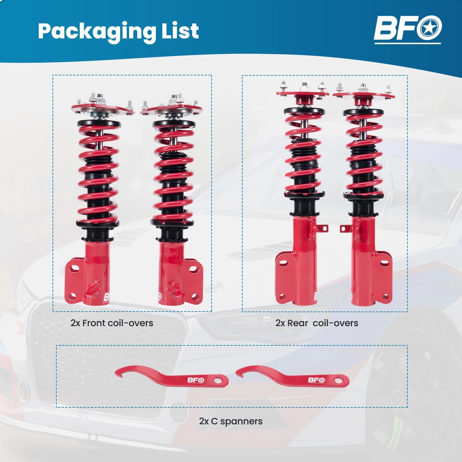 BFO Adjustable Coilovers Struts Springs Kit for Toyota Corolla (1987–2002)