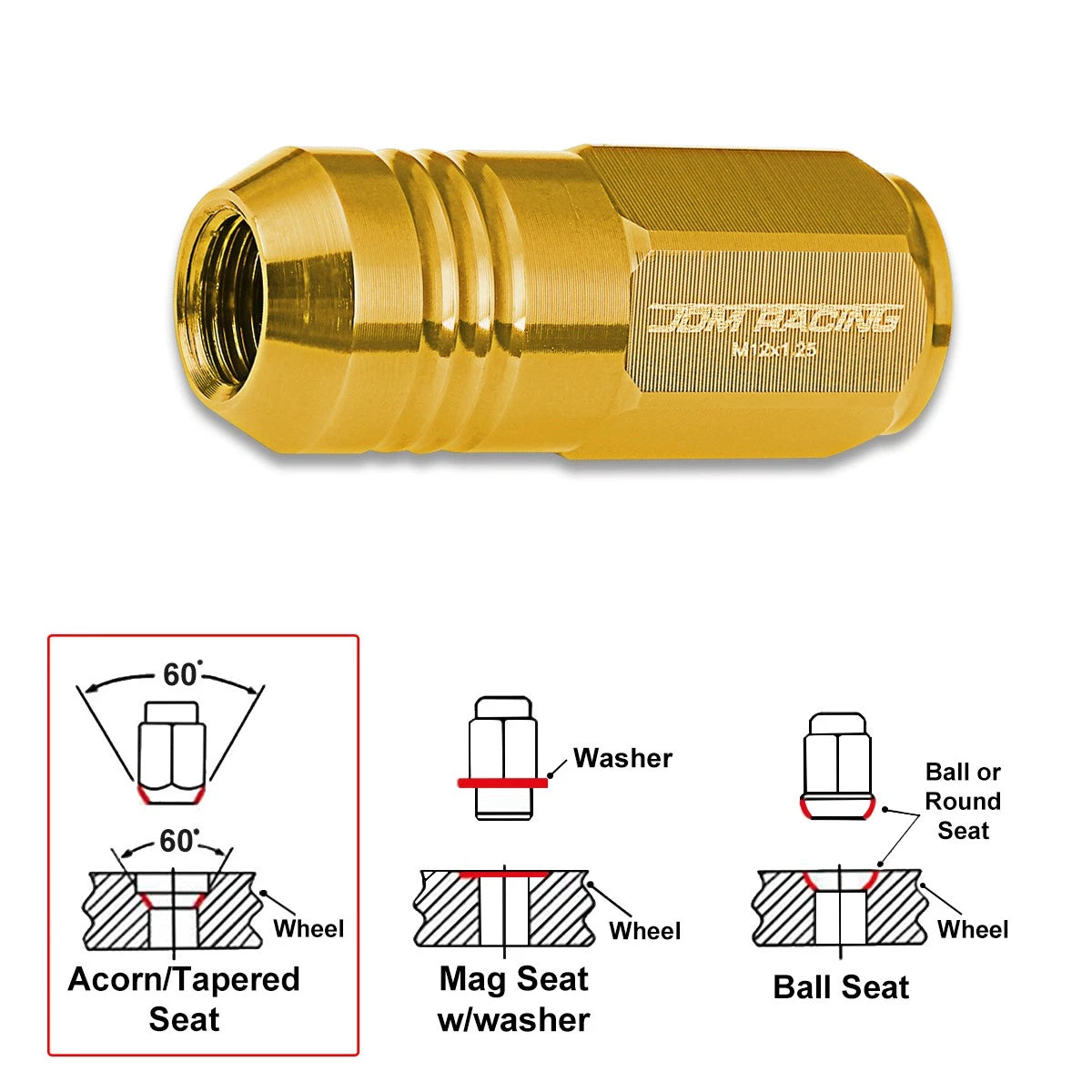 20Pc M12X1.25 Gold JDM Closed End Cone Hex Wheel Lug Nuts + Extension 20mm