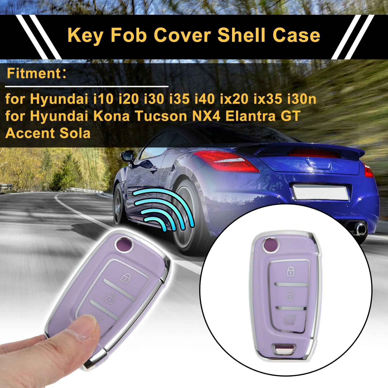 TPU Silicone Car Key Case for Hyundai i10 (2010–2023) - Purple/Silver Trim