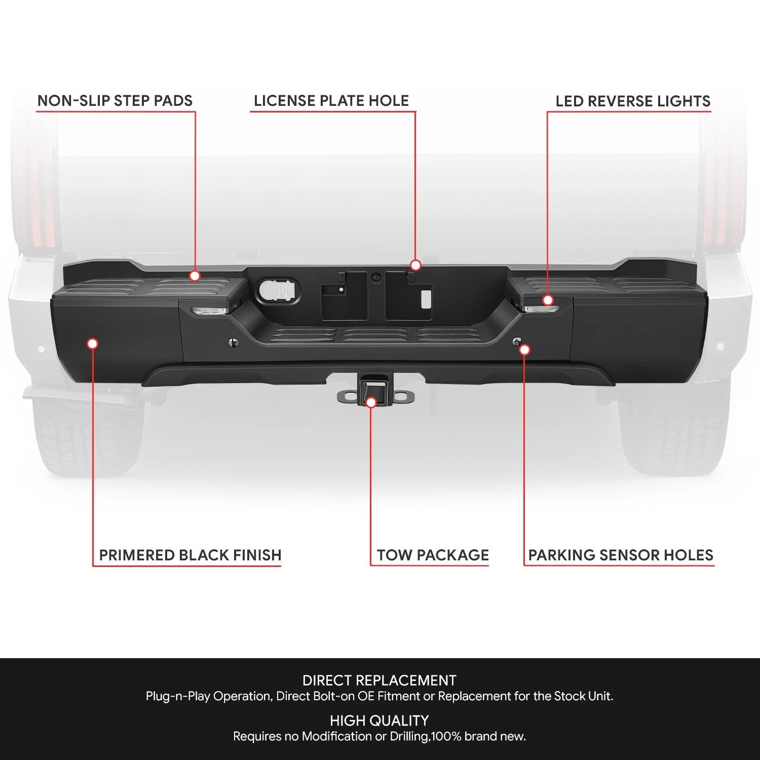 Rear Step Bumper for Toyota Tundra (2022–2026) w/ Sensor Holes & LED Lamp