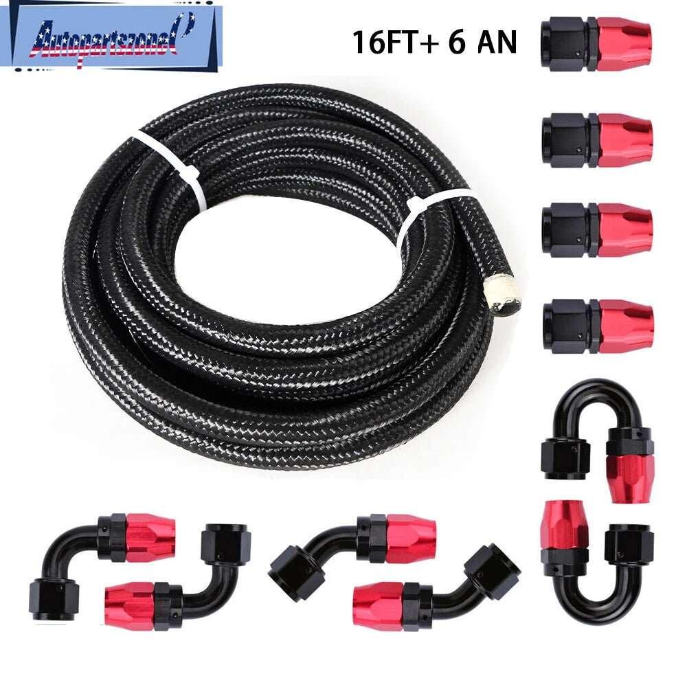 6AN Fitting Stainless Steel Nylon Braided Fuel Hose Line 16FT Kit for