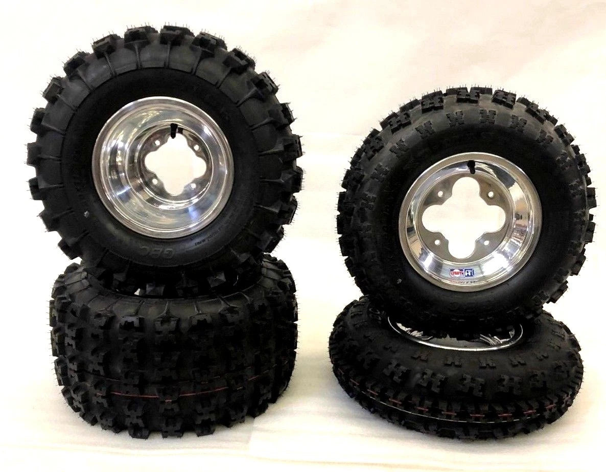 Set of 2 GBC XC Master Tires + DWT A5 Polished Rims for LTR450 LTZ400 KFX450R