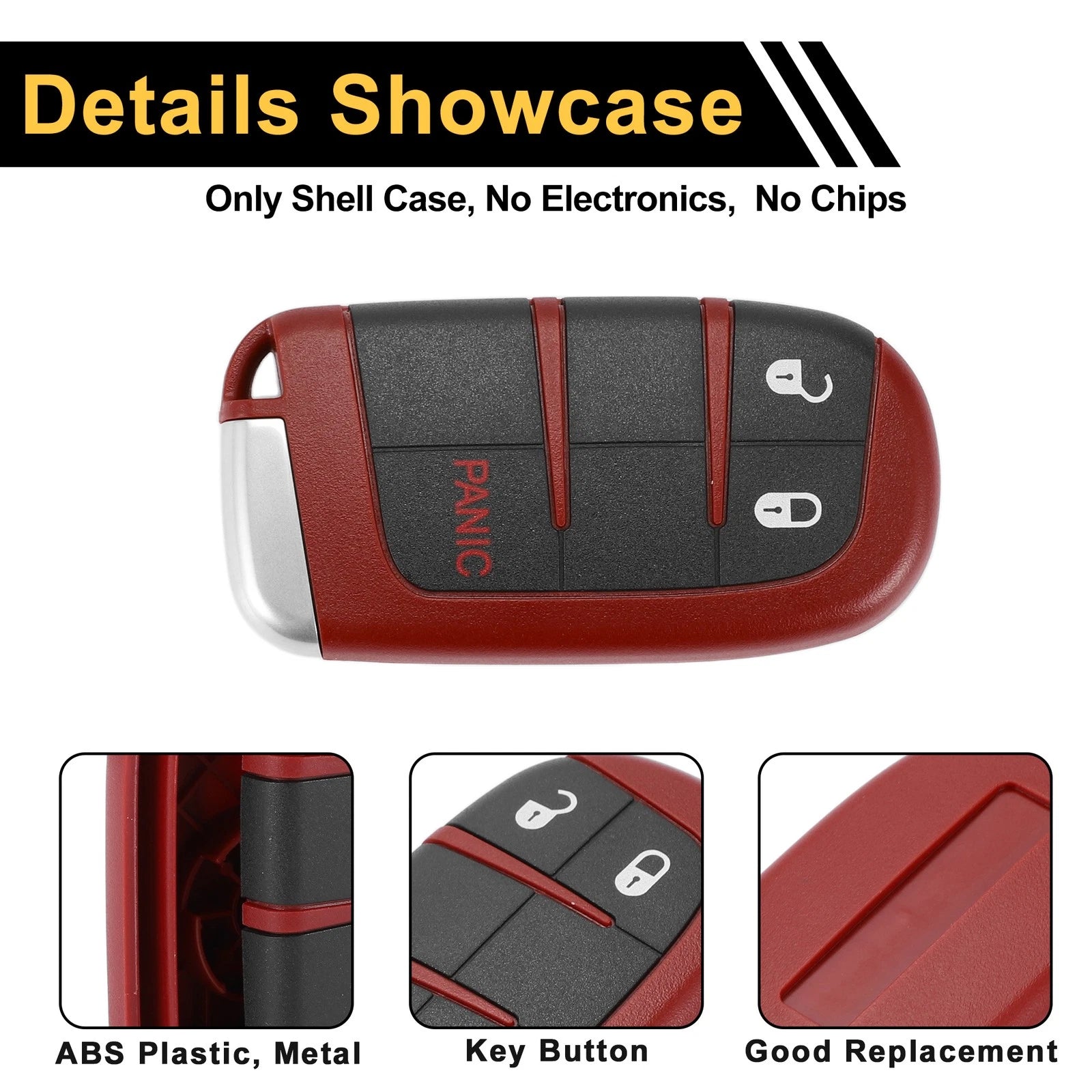 3 Button Key Fob Shell Case for Dodge Charger (2018) Black Red