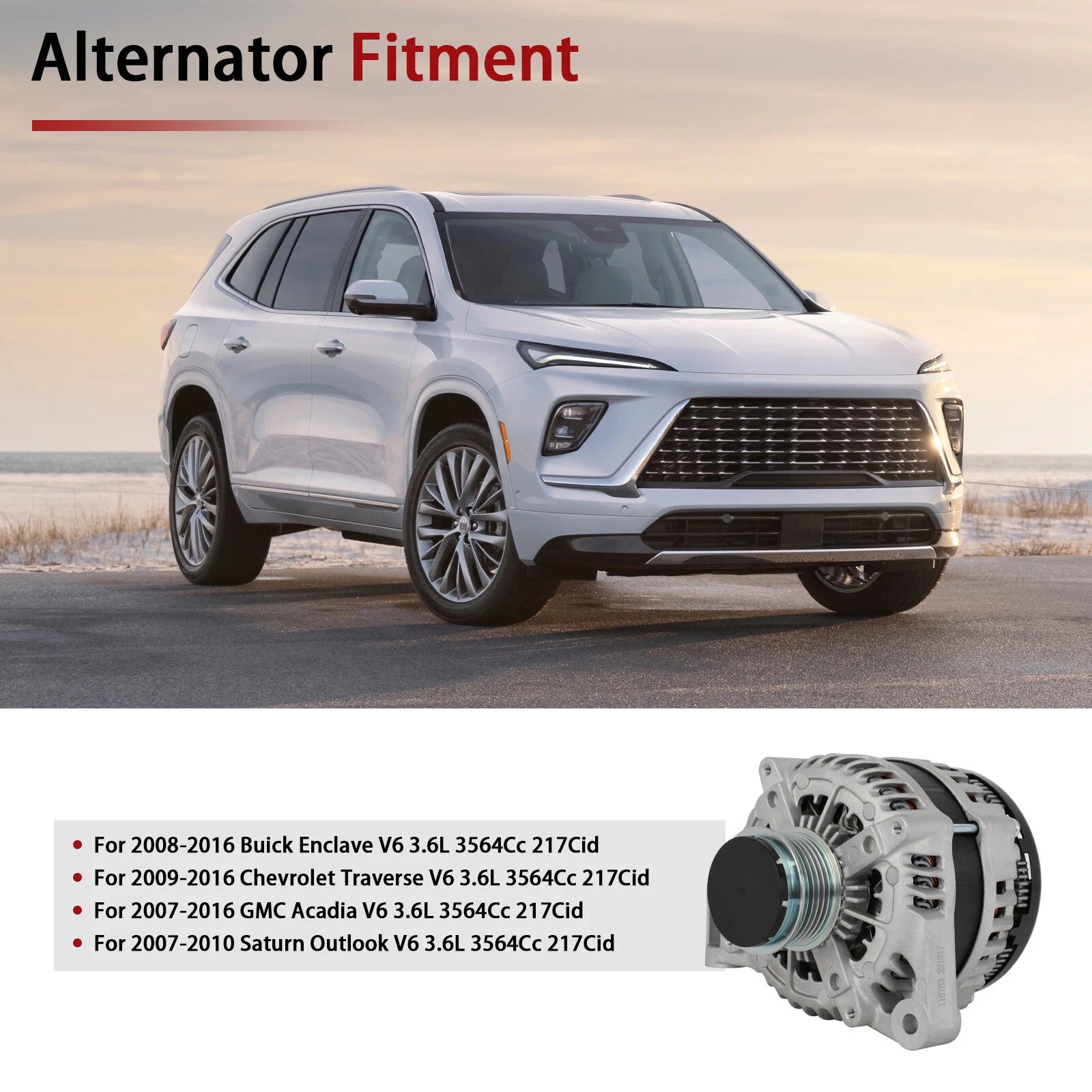 Alternator for Buick Enclave, Chevy Traverse, GMC Acadia (2007-2017)