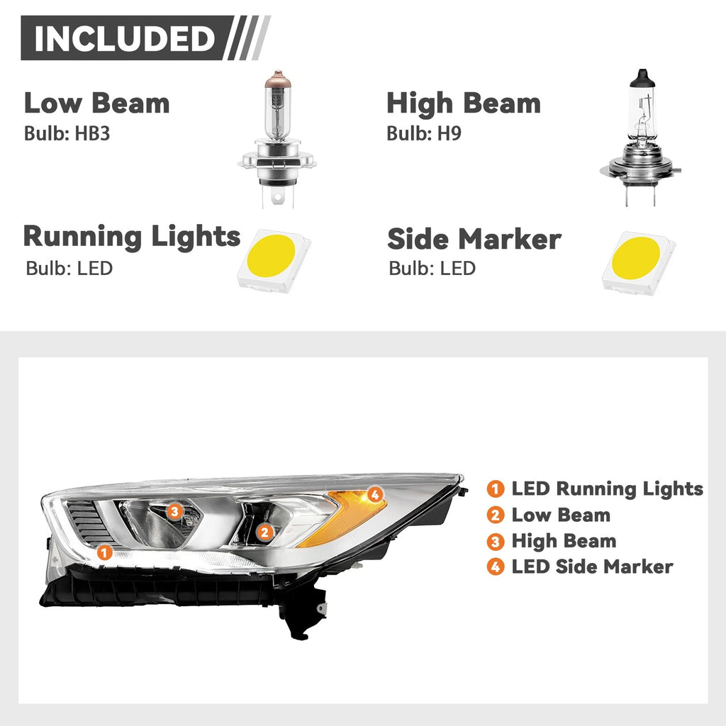 Halogen Headlight for Ford Escape (2017–2019) w/LED DRL Chrome, Left Side