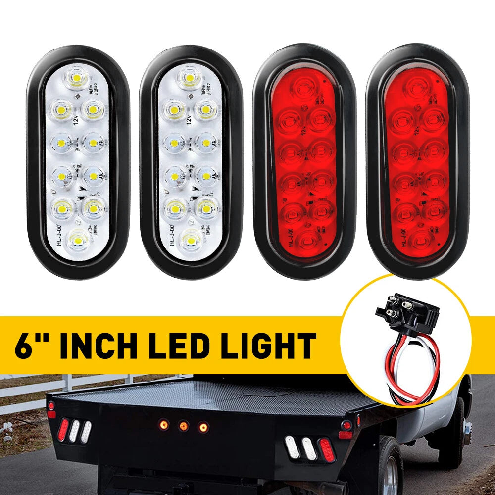 Set of 4 LED Oval Red White Trailer Truck Reverse Back-Up Tail Lights