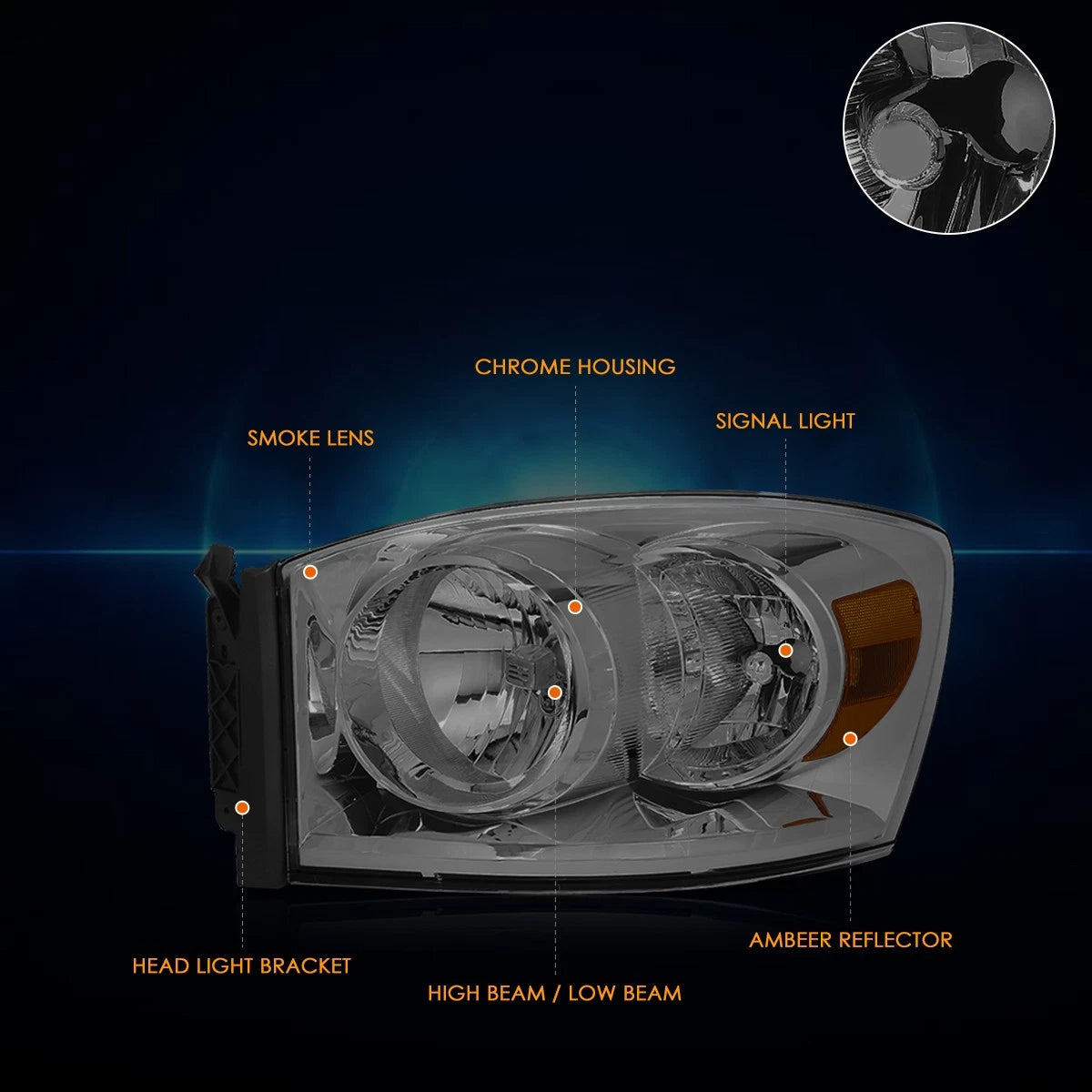 Smoked Lens Headlights with Amber Corner Signal Lamps for Dodge Ram 1500-3500 (2006–2009)