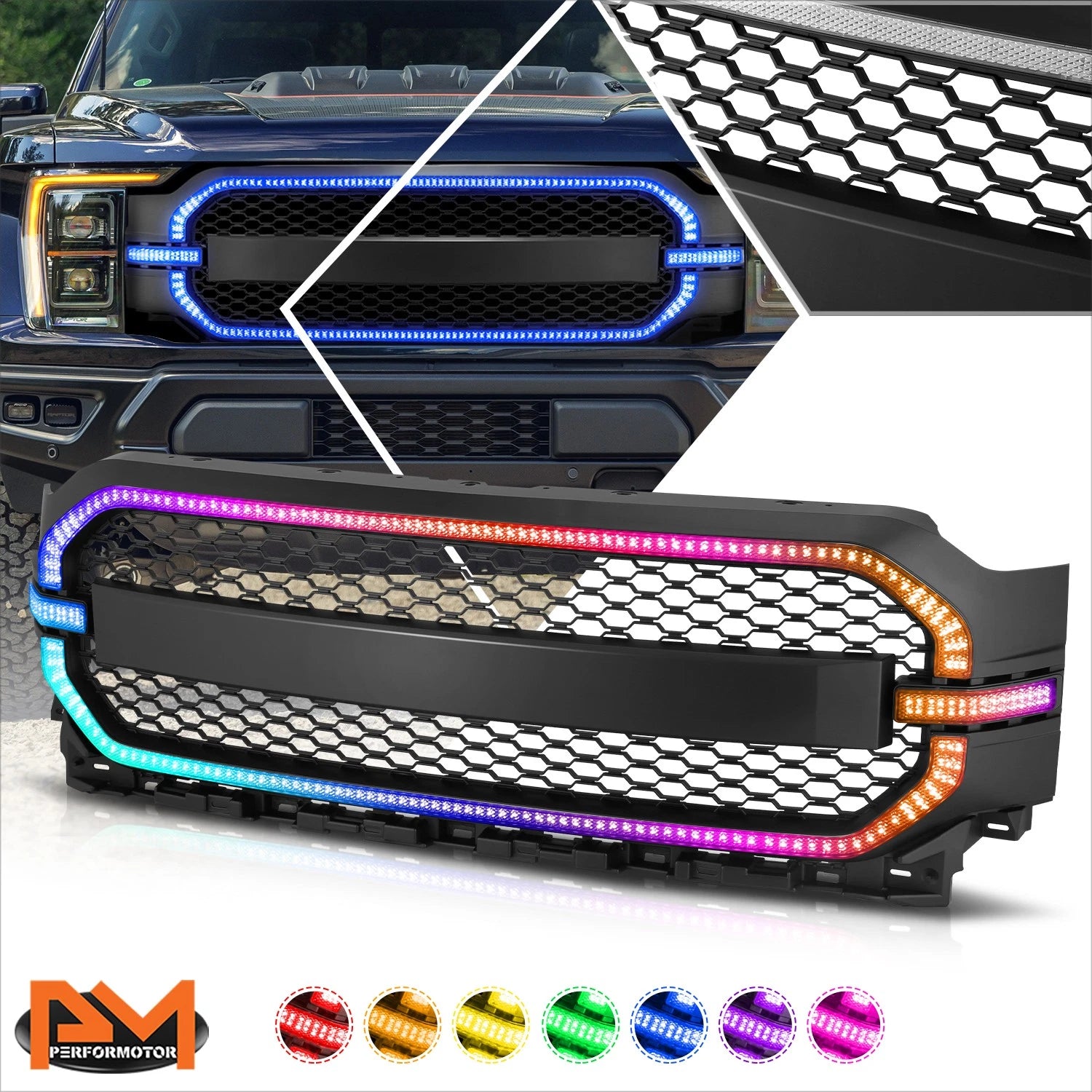 Badgeless Honeycomb Mesh Front Bumper Grille for Ford F-150 (2021–2023) w/RGB LED DRL