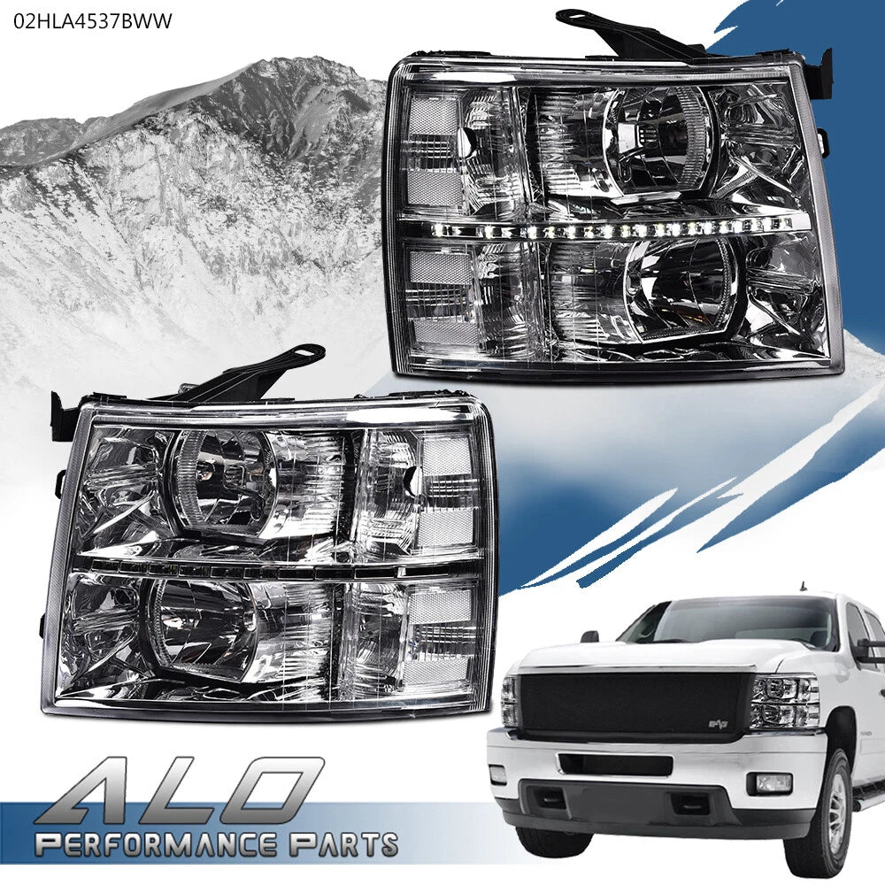 Clear Chrome LED DRL Headlights for Chevy Silverado 1500 2500 3500 (2007–2014)