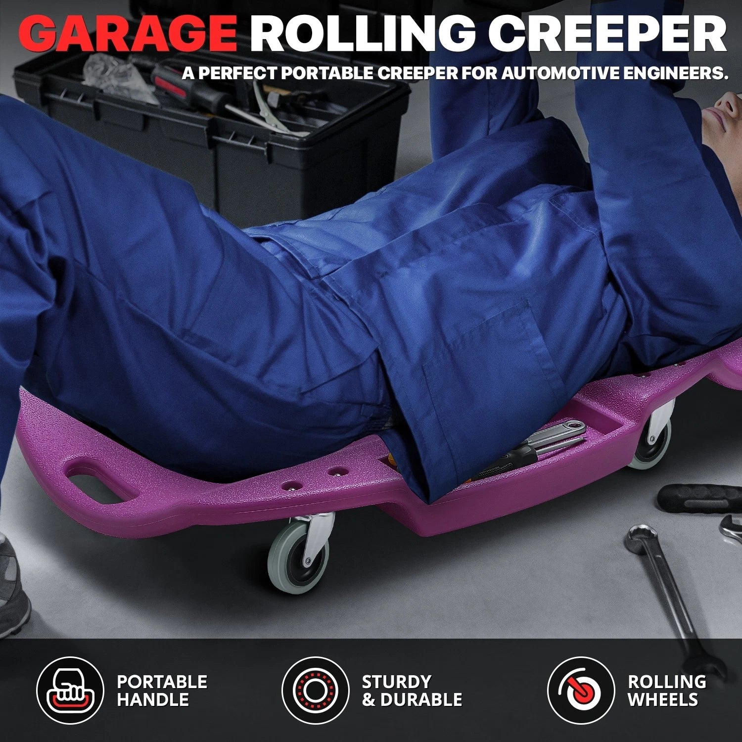 48" x 23.5" Purple Ergonomic HDPE Automotive Creeper for Mechanics